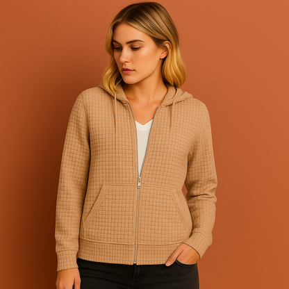 Khaki dames sweatshirt met capuchon en ritssluiting, ideaal voor dagelijks comfort en casual outfits.