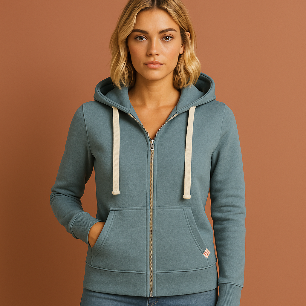 Lichtblauw comfortabel damesvest met rits en verstelbare capuchon, ideaal voor koelere dagen en casual outfits.