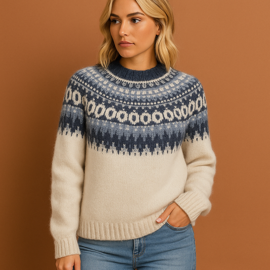 Damestrui in lichtblauw met Scandinavisch patroon, zacht en comfortabel voor casual en stijlvolle winteroutfits.