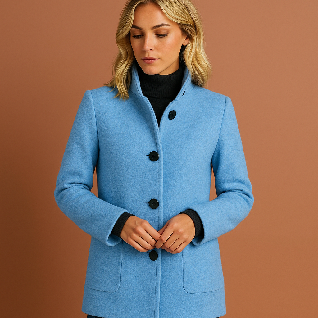 Dames manteljas in lichtblauw met knoopsluiting en rechte pasvorm, warm en stijlvol voor herfst en winter.