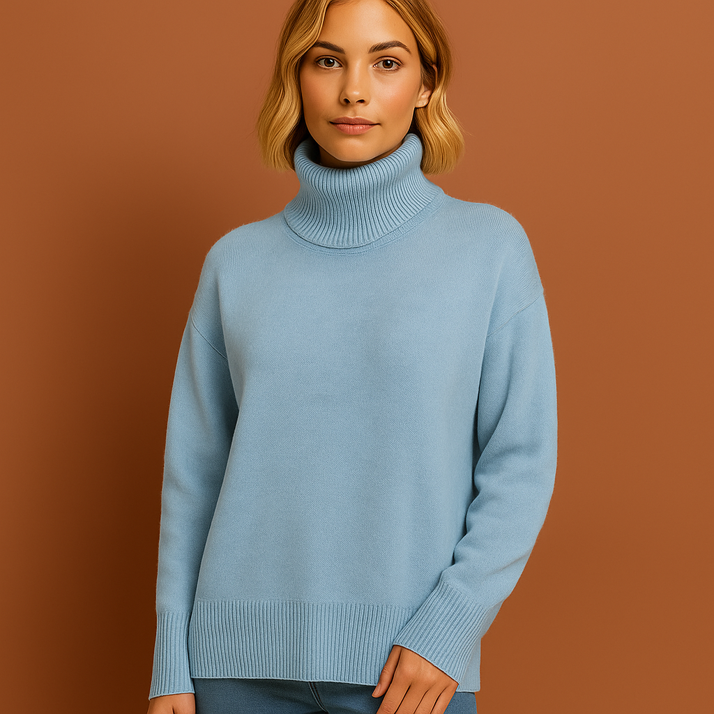 Lichtblauwe dames coltrui met oversized pasvorm en elegante uitstraling, ideaal voor casual en stijlvolle outfits.