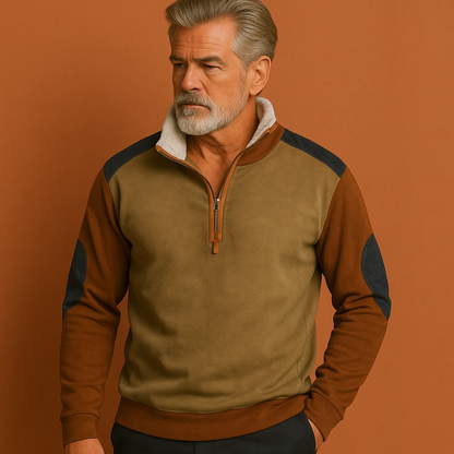 Heren vintage trui in lichtbruin met halve rits en contrasterende details, comfortabel en stijlvol voor casual outfits.
