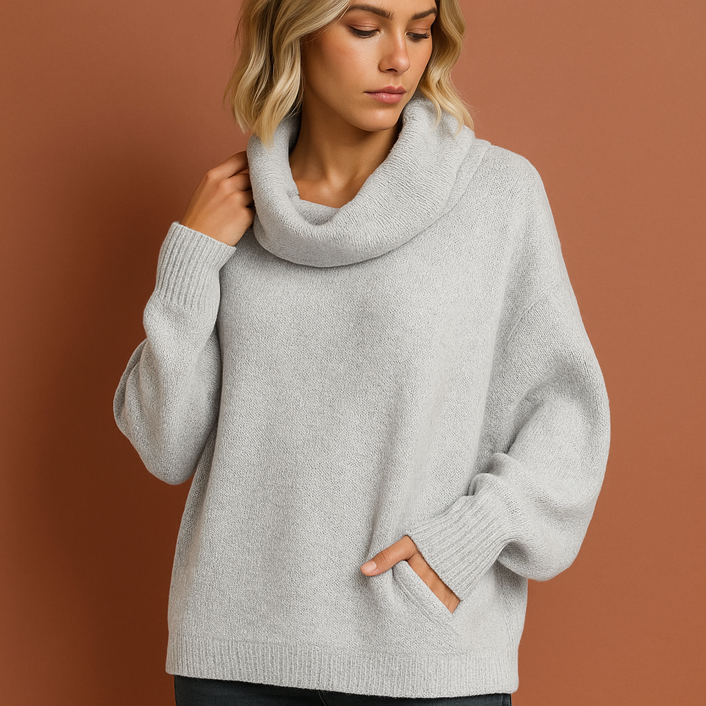 Lichtgrijze dames coltrui met elegante pasvorm en tijdloze uitstraling, perfect voor koude dagen en stijlvolle outfits.