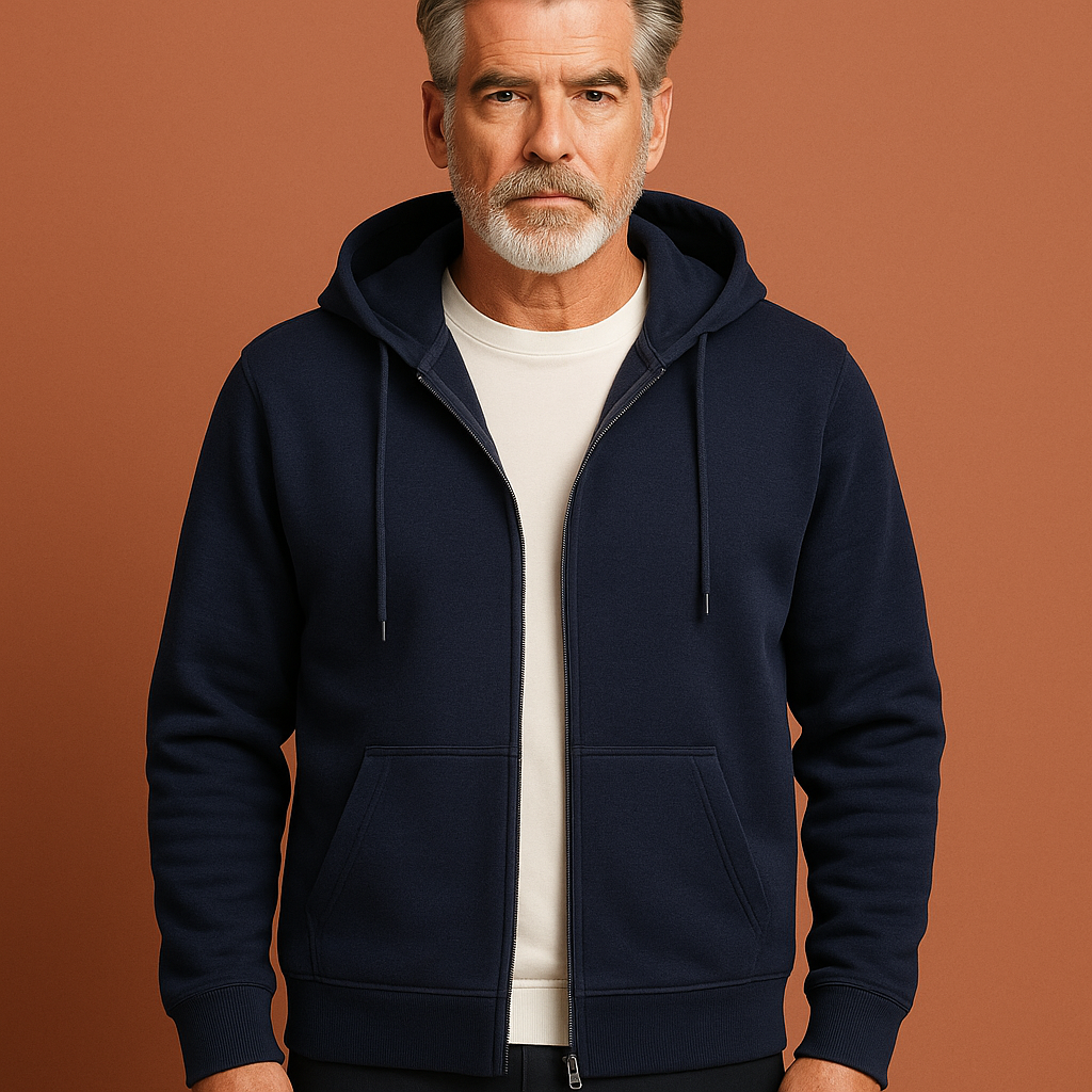 Marineblauw comfortabel heren vest met volledige rits en capuchon, ideaal voor frisse herfstdagen en casual outfits.