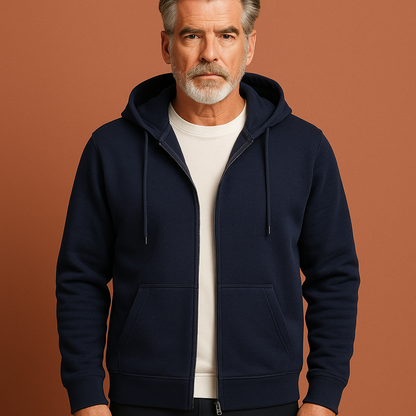 Marineblauw comfortabel heren vest met volledige rits en capuchon, ideaal voor frisse herfstdagen en casual outfits.