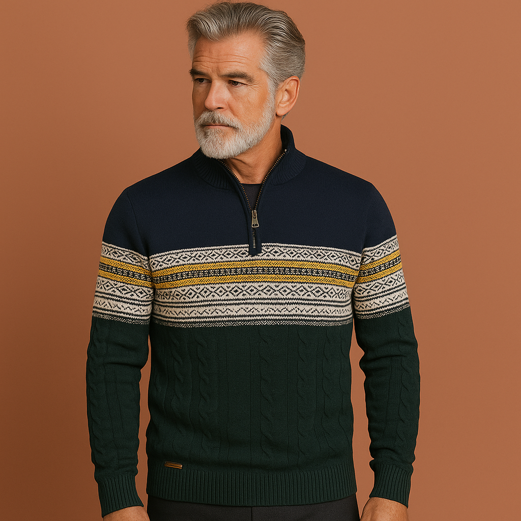 Heren trui in navy met Noors patroon en ritssluiting, warm en comfortabel voor casual winterlooks.