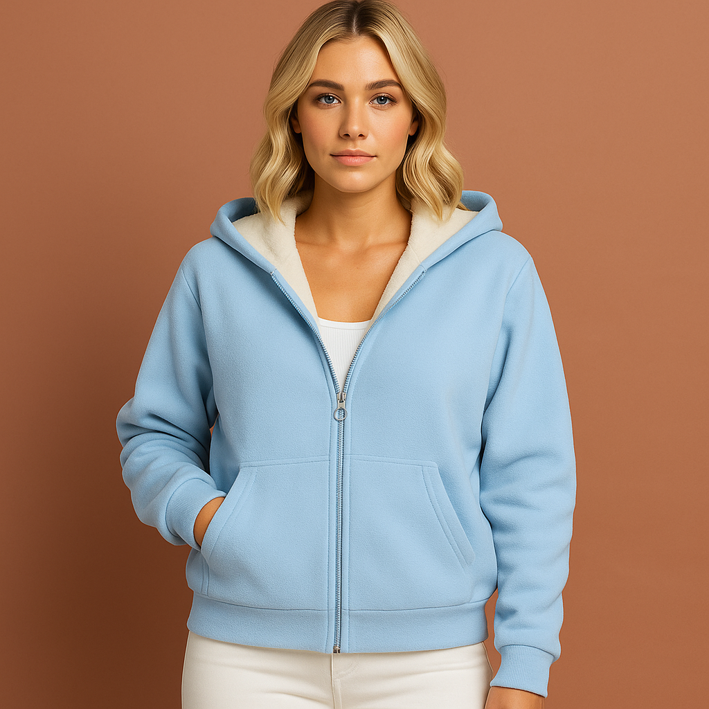 Marineblauwe dames hoodie met fleecevoering en capuchon, perfect voor koude dagen en casual outfits.