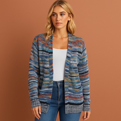 Stijlvolle meerkleurige dames cardigan in blauw en geel, zacht en comfortabel voor casual en modieuze outfits.