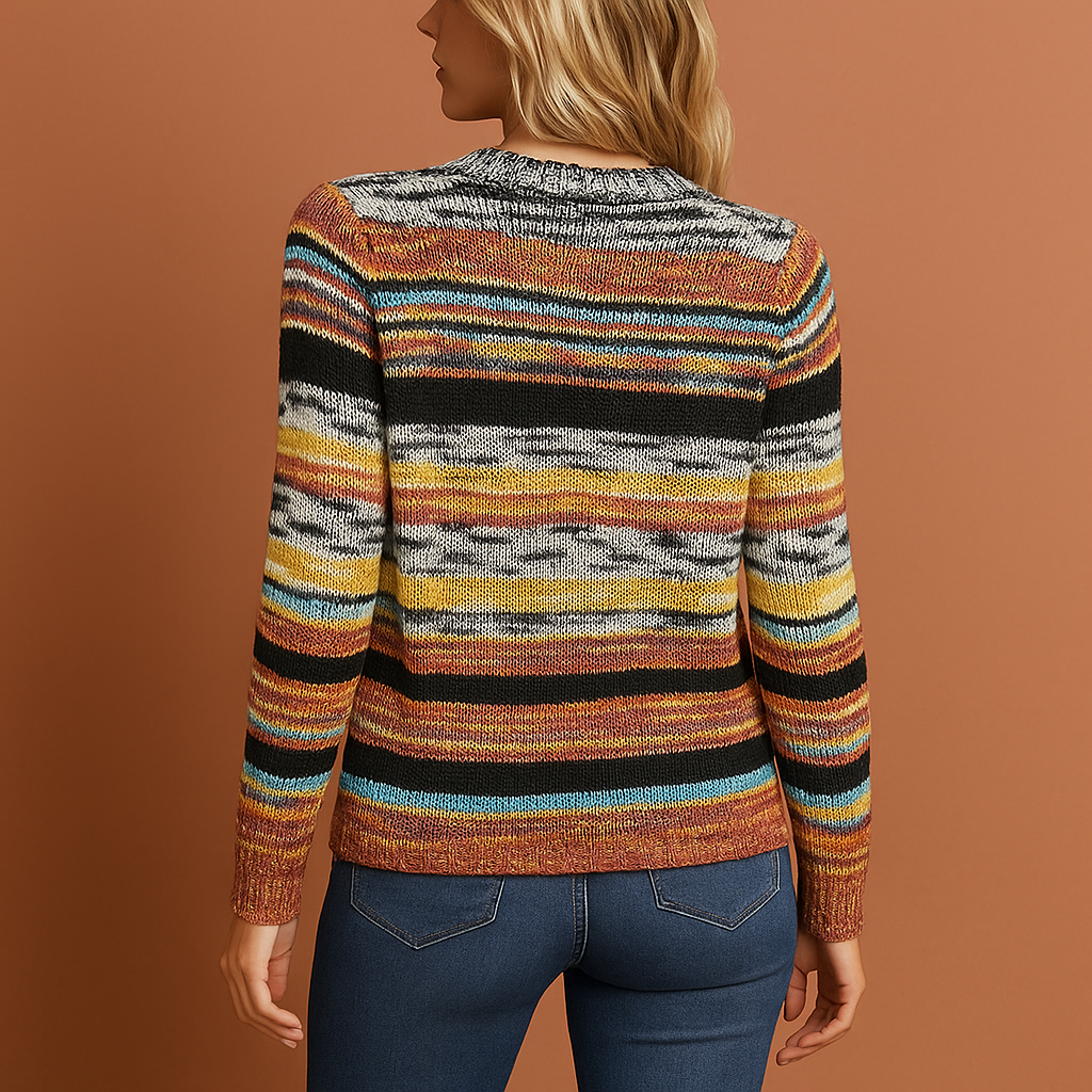 Stijlvolle meerkleurige dames cardigan in geel en oranje, zacht en comfortabel voor casual en modieuze outfits.