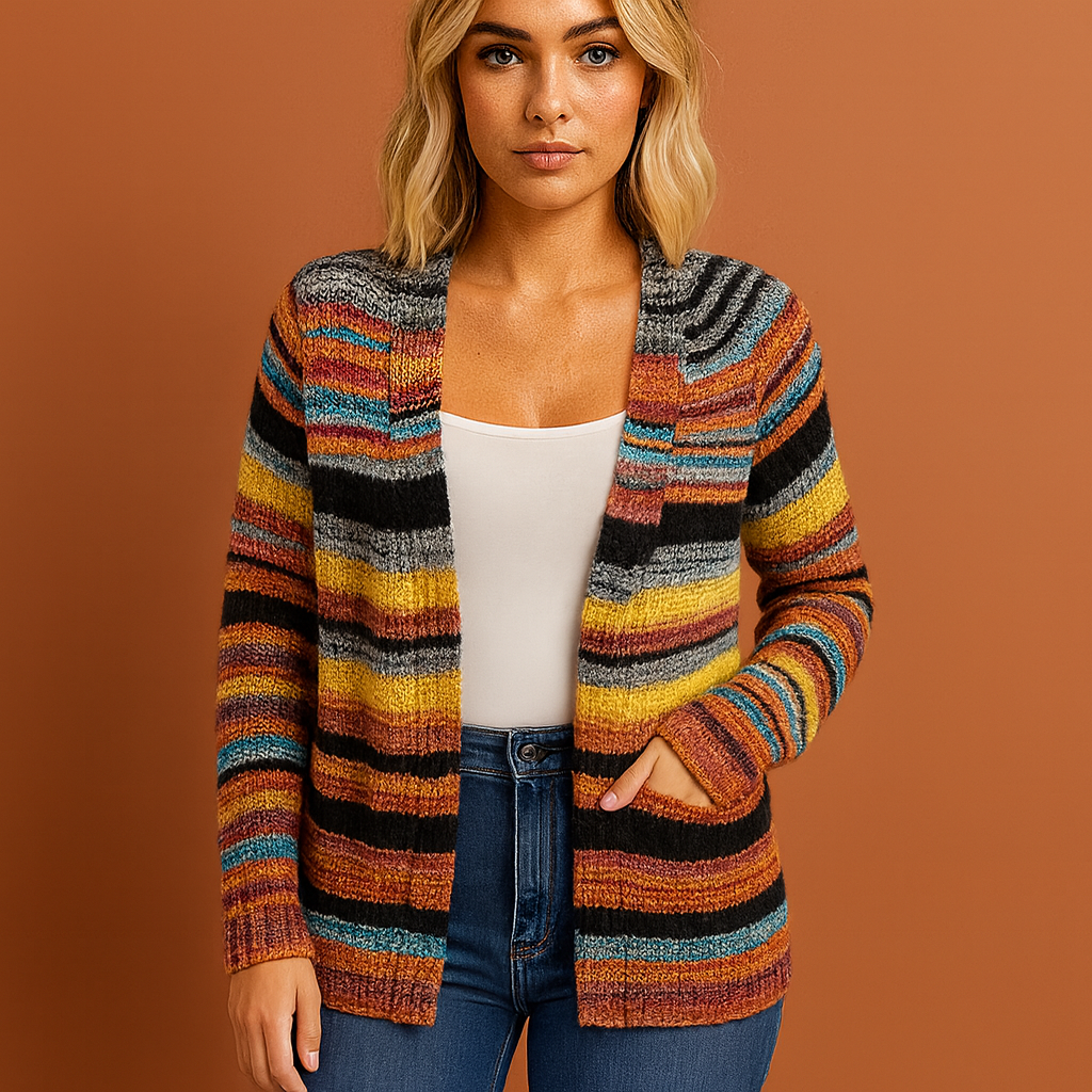 Stijlvolle meerkleurige dames cardigan in geel en oranje, zacht en comfortabel voor casual en modieuze outfits.