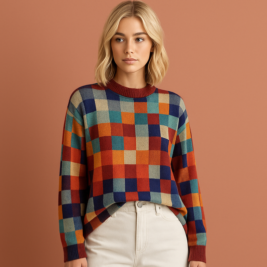 Dames gebreide trui in multicolor met geruit patroon, zacht en comfortabel voor casual en stijlvolle outfits tijdens herfst en winter.