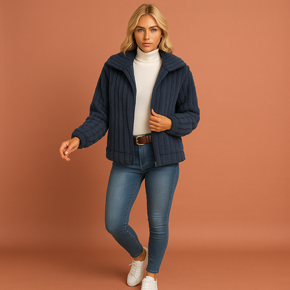 Dames lang fleece vest in Navyblauw met kraag, zacht en comfortabel voor casual en stijlvolle outfits.