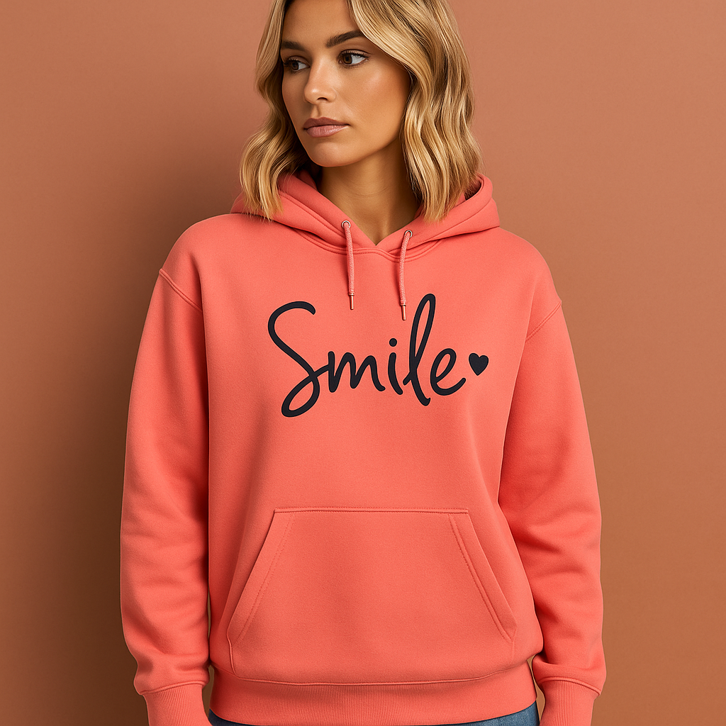 Smile-Love hoodie voor dames in oranje met zachte pasvorm en vrolijk ontwerp voor dagelijks comfort.