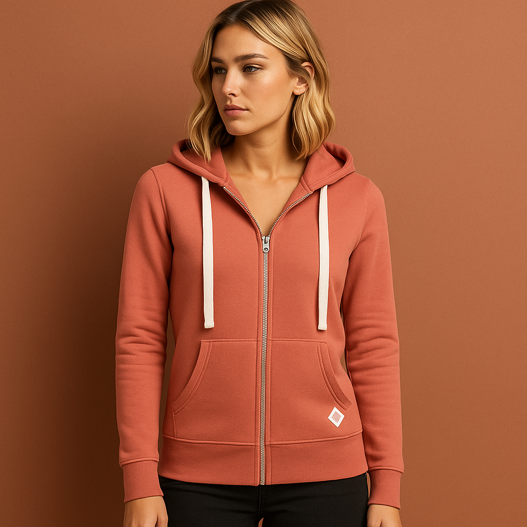 Oranje comfortabel damesvest met rits en verstelbare capuchon, ideaal voor koelere dagen en casual outfits.