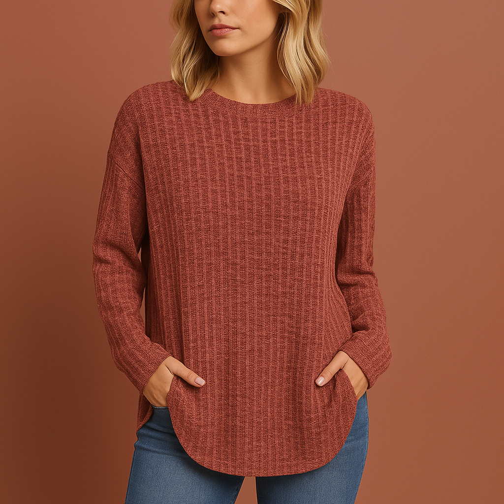 Oranje damestrui met moderne pasvorm en stijlvolle uitstraling, zacht en ideaal voor koude dagen en casual outfits.