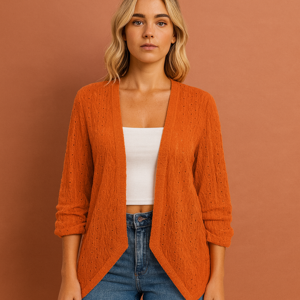 Dames gehaakt vest in oranje met open voorkant, luchtig en comfortabel voor casual en stijlvolle outfits.