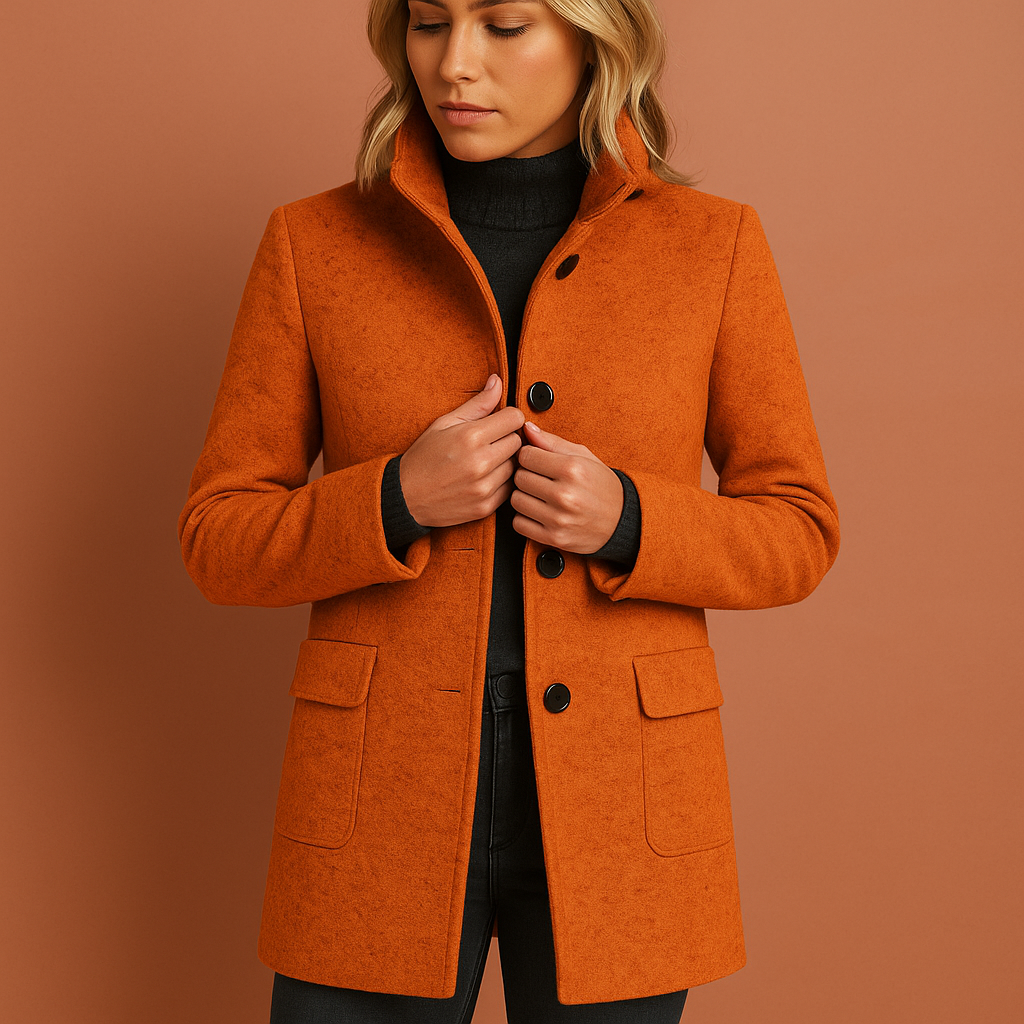 Dames manteljas in oranje met knoopsluiting en rechte pasvorm, warm en stijlvol voor herfst en winter.
