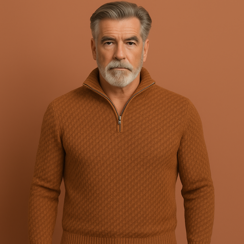 Oranje half zip gebreide heren trui met moderne pasvorm, ideaal voor casual outfits en koude dagen.