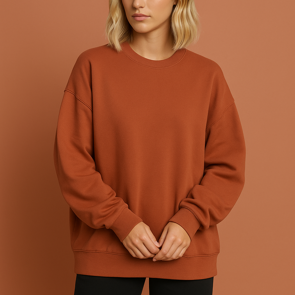 Lange oversized damestrui in oranje met comfortabele pasvorm, zacht en stijlvol voor herfst en winter.