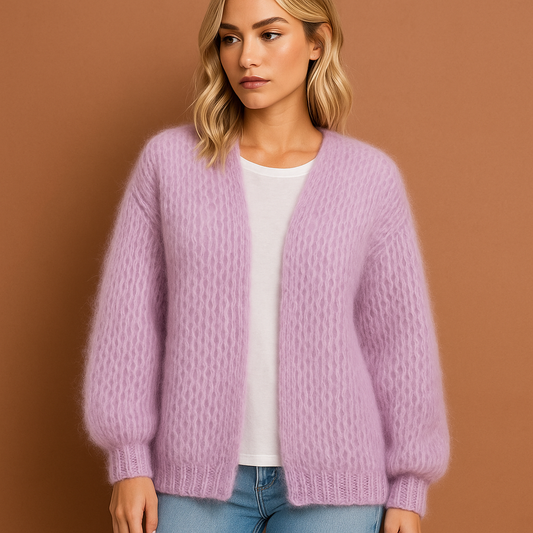 Damesvest in paars/rose met lange mouwen in Koreaanse stijl, zacht en comfortabel voor casual en stijlvolle outfits.