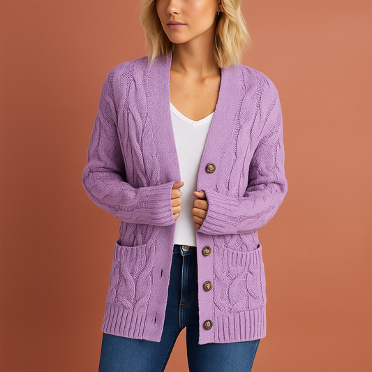 Dames vest in paars met voorzakken en knoopsluiting, zacht en comfortabel voor casual en stijlvolle outfits.