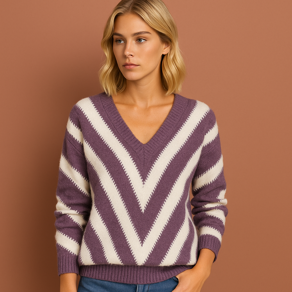 Dames trui in paars met warme pasvorm en klassieke uitstraling, ideaal voor herfst en winter.