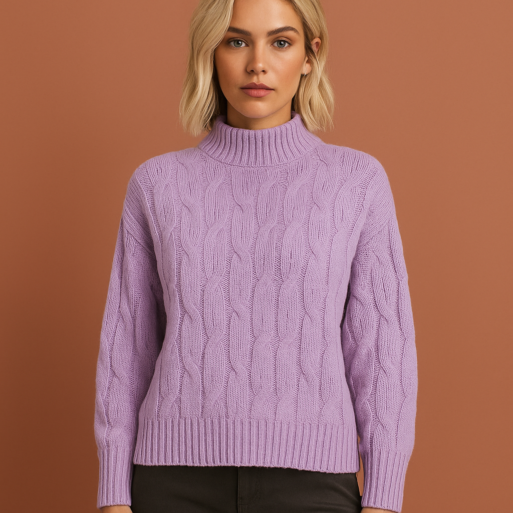 Paarse gebreide damestrui met elegante pasvorm, perfect voor stijlvolle herfst- en winterlooks.
