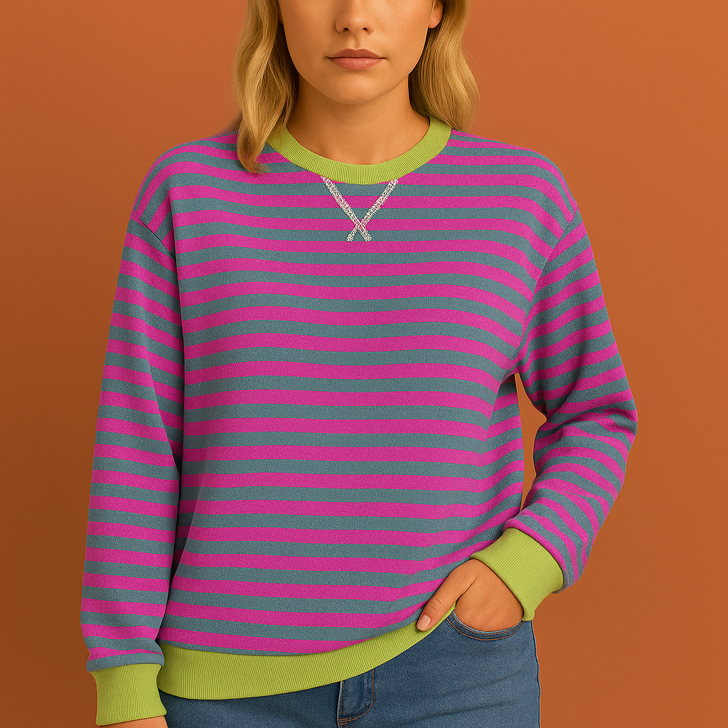 Paarse gestreepte dames trui met moderne pasvorm, ideaal voor casual en stijlvolle outfits in de herfst en winter.