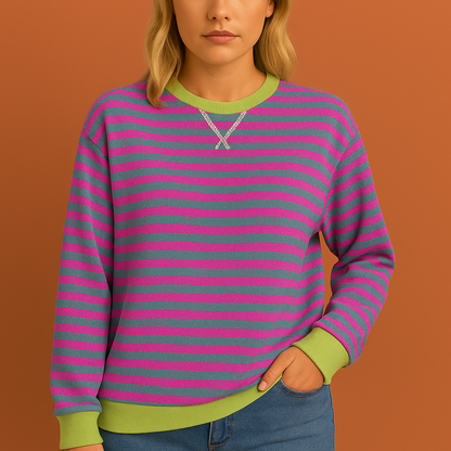 Paarse gestreepte dames trui met moderne pasvorm, ideaal voor casual en stijlvolle outfits in de herfst en winter.