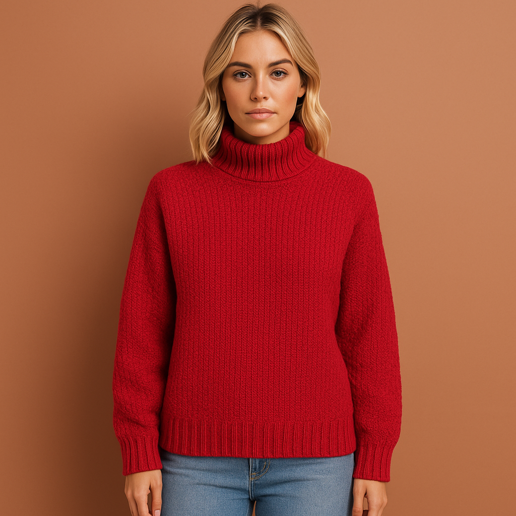 Dames coltrui in rood met verfijnde look, ideaal voor koude dagen en casual outfits.