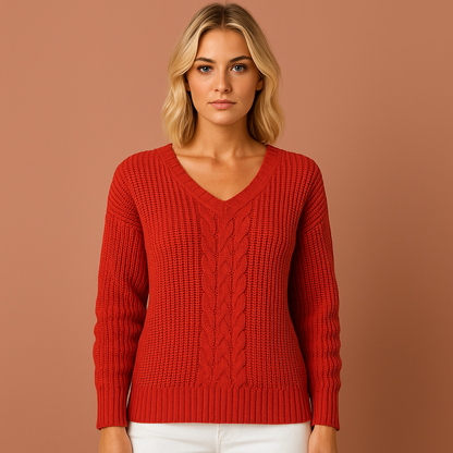 Dames gebreide trui in rood met stijlvolle uitstraling, warm en comfortabel voor koude dagen.