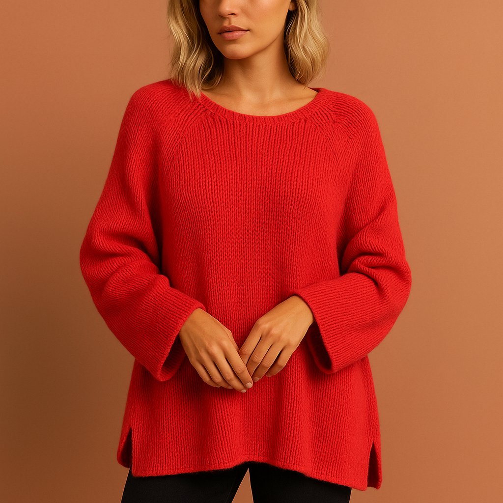 Dames oversized trui in rood met losse pasvorm, zacht en comfortabel voor casual en stijlvolle outfits.