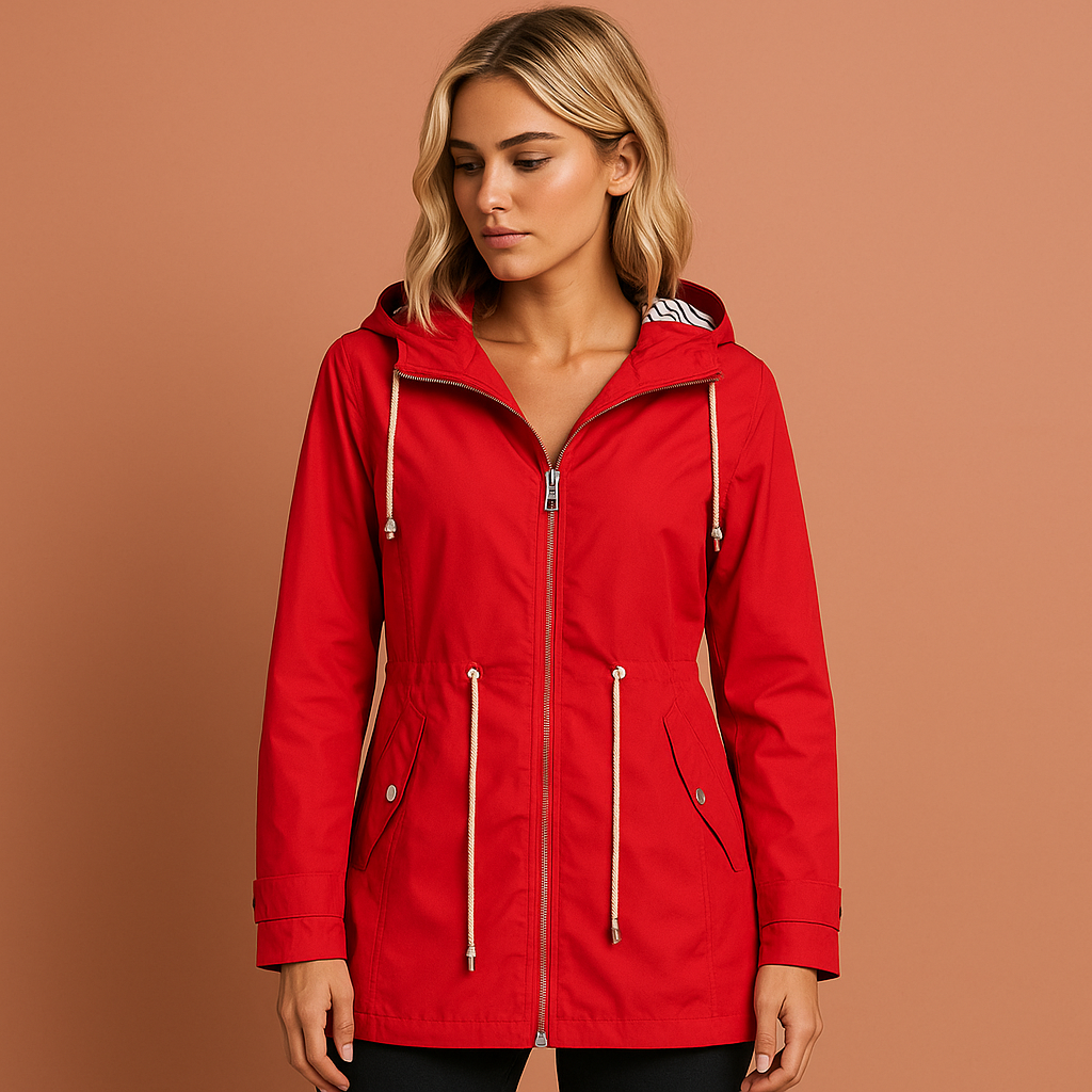 Dames regenjas in rood met capuchon, elegant en waterdicht voor dagelijks gebruik.