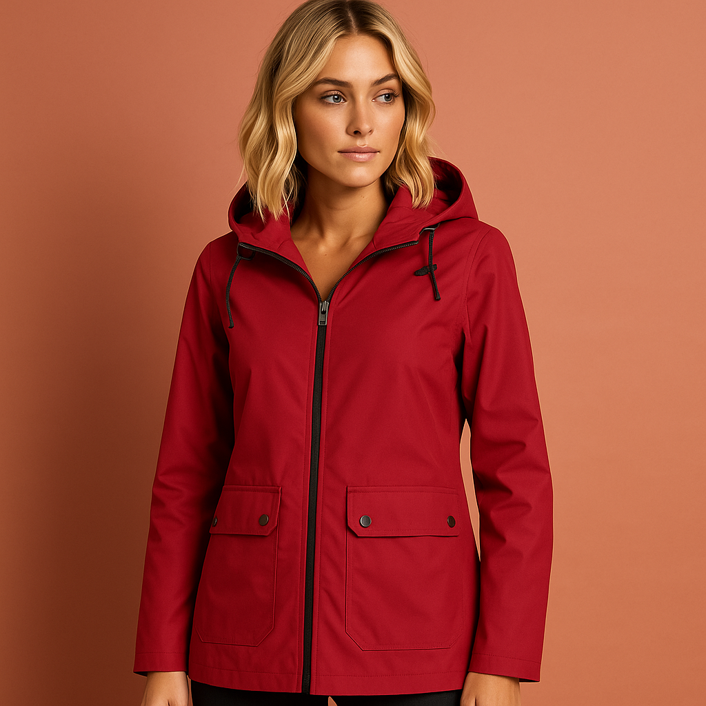 Dames waterdichte jas in rood met capuchon, stijlvol en comfortabel voor regenachtige dagen.