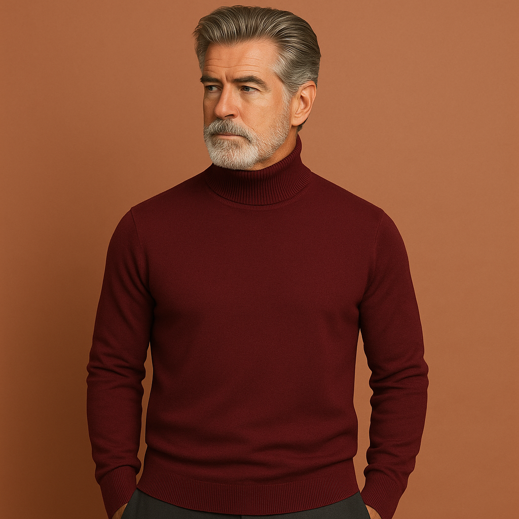 Rode coltrui voor heren met warme pasvorm en tijdloos ontwerp, ideaal voor koude dagen en stijlvolle outfits.