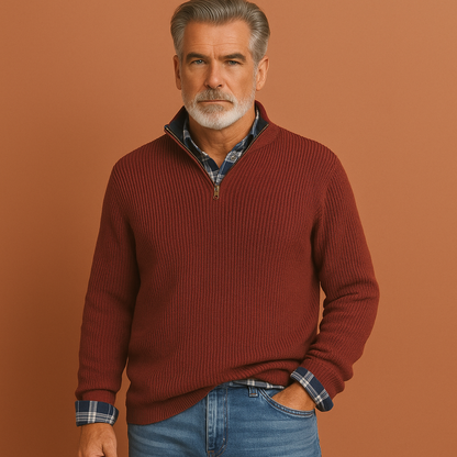 Heren trui in rood met ritssluiting, zacht en comfortabel voor stijlvolle en casual outfits.