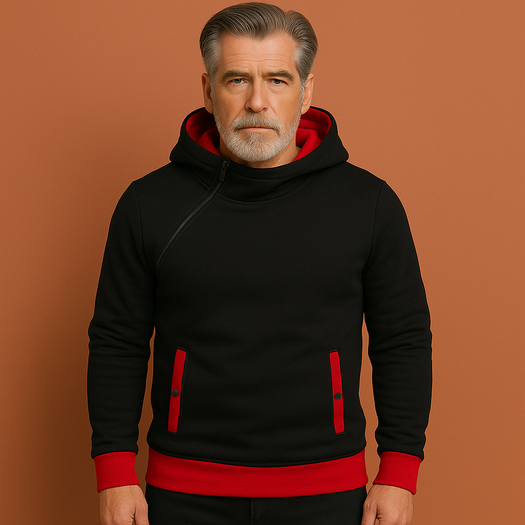 Slim-fit hoodie voor heren in rode kleur met contrasterende details, ideaal voor casual en sportieve outfits.