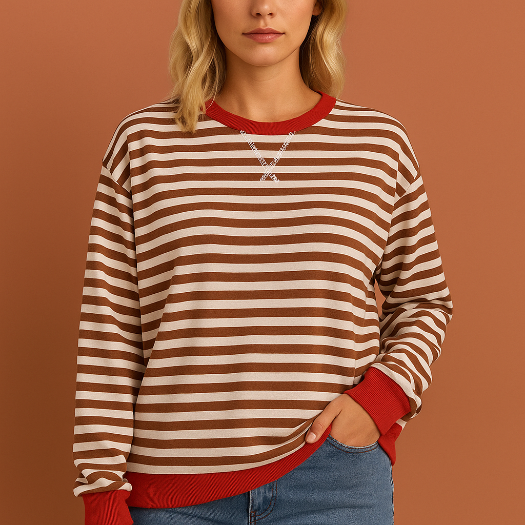 Rood-witte gestreepte dames trui met moderne pasvorm, ideaal voor casual en stijlvolle outfits in de herfst en winter.