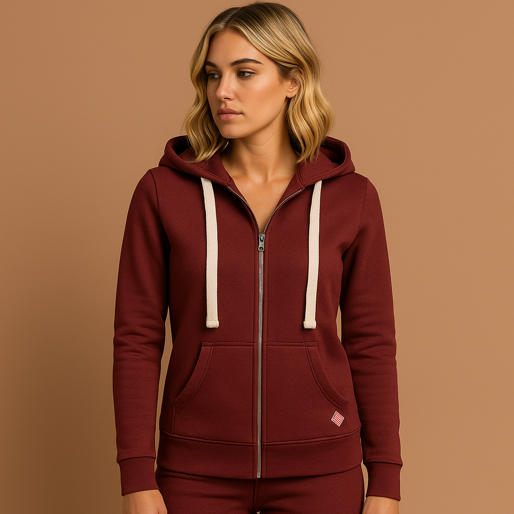 Rood comfortabel damesvest met rits en verstelbare capuchon, ideaal voor koelere dagen en casual outfits.