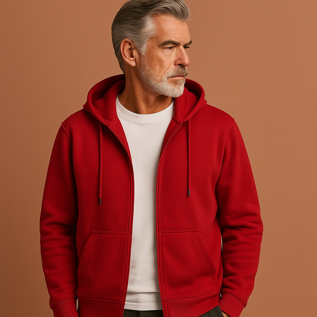 Rood comfortabel heren vest met volledige rits en capuchon, ideaal voor frisse herfstdagen en casual outfits.