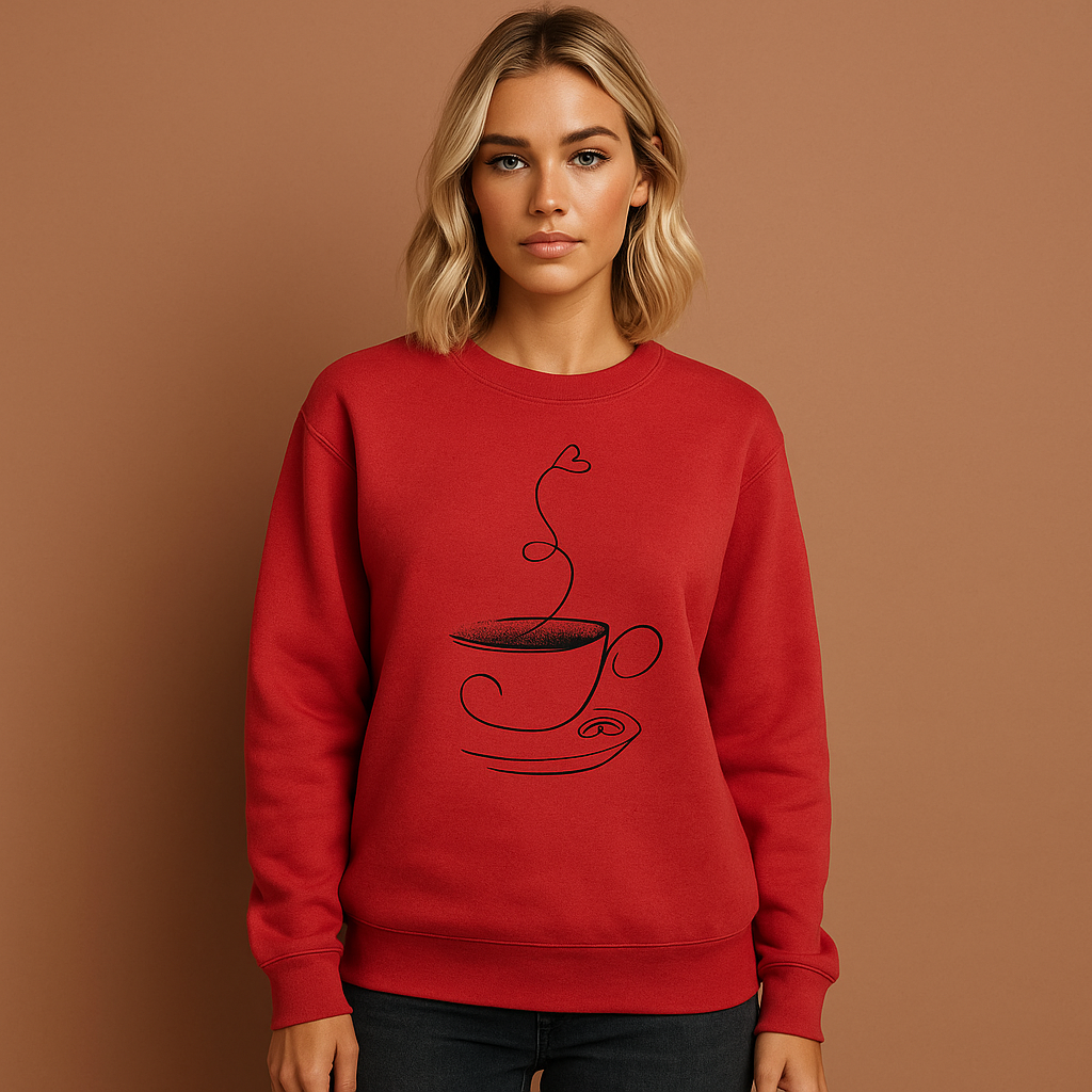 Rood grafisch koffie-sweatshirt voor dames met ontspannen pasvorm, ideaal voor casual outfits en dagelijkse momenten.
