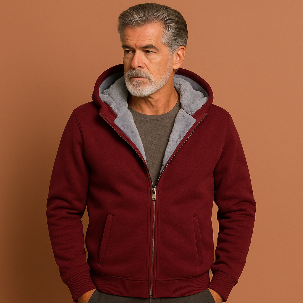 Rood warm heren wintervest met capuchon en zachte binnenvoering, ideaal voor koude dagen en casual gebruik.