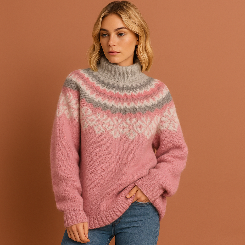 Damestrui in roze met Scandinavisch patroon, zacht en comfortabel voor casual en stijlvolle winteroutfits.