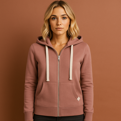 Roze comfortabel damesvest met rits en verstelbare capuchon, ideaal voor koelere dagen en casual outfits.