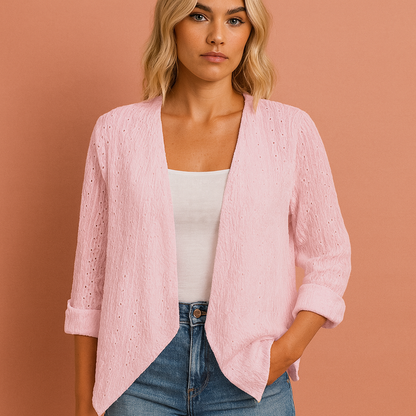Dames gehaakt vest in roze met open voorkant, luchtig en comfortabel voor casual en stijlvolle outfits.