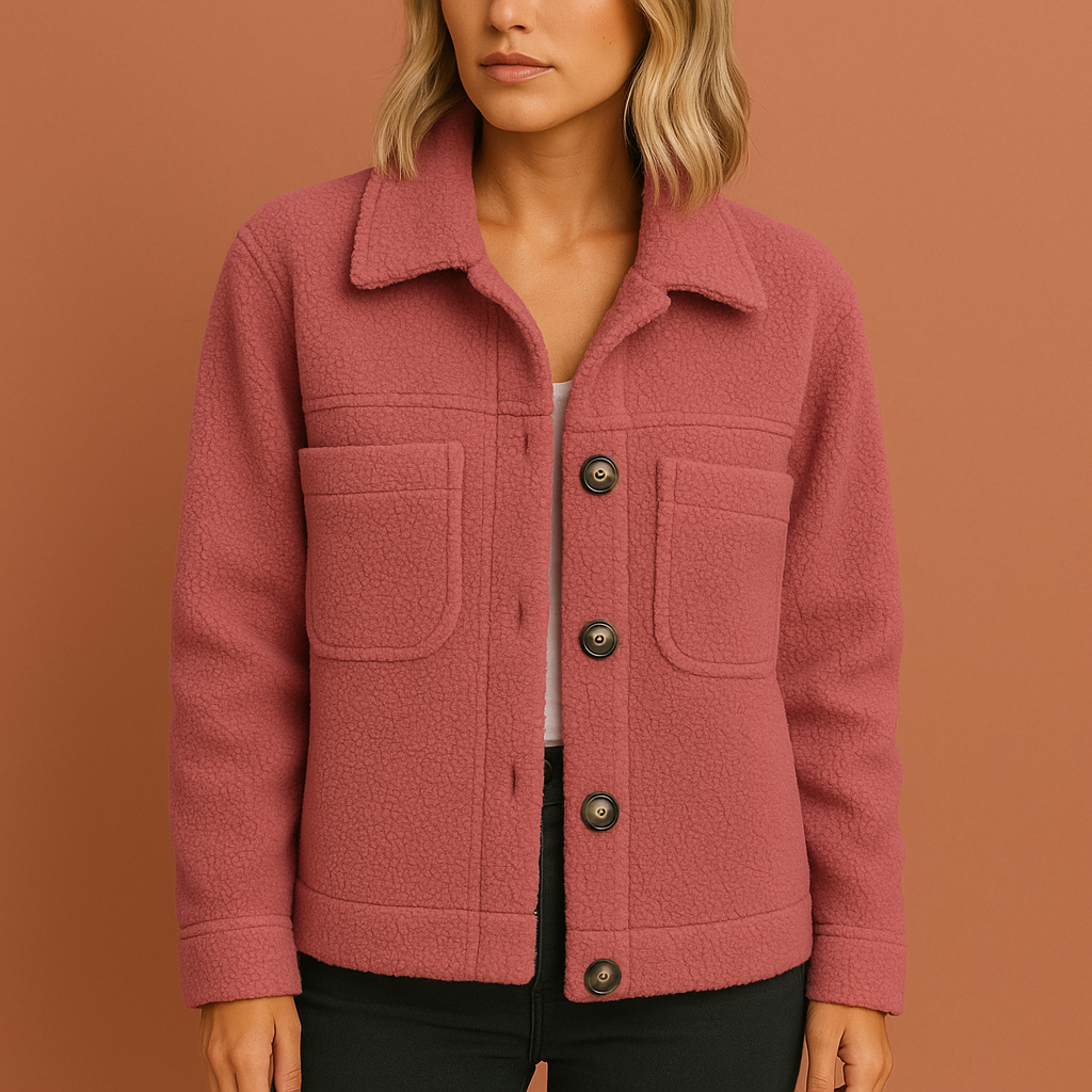 Dames teddy jas in roze met ritssluiting, zacht, warm en stijlvol voor casual outfits.