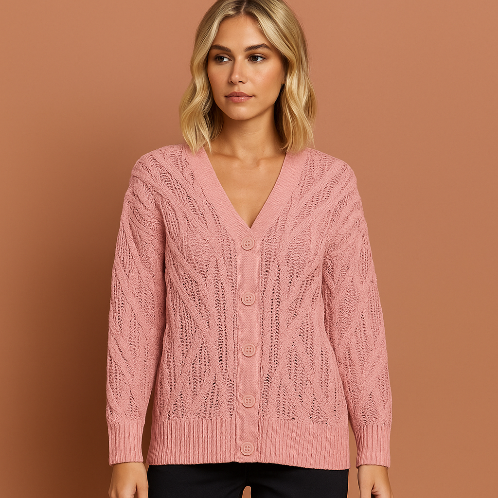 Roze V-hals trui voor dames met stijlvolle pasvorm en zachte textuur, ideaal voor casual en chique outfits.