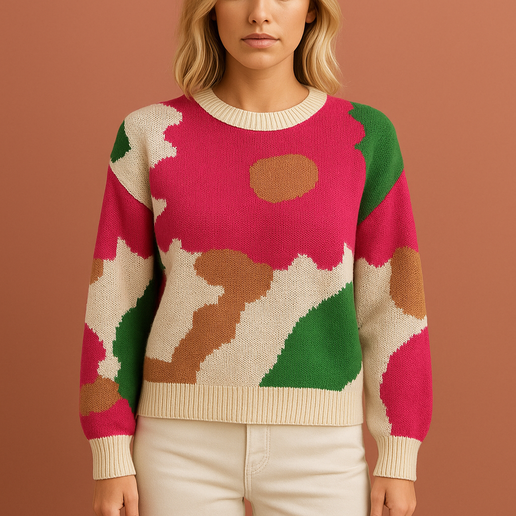 Roze damestrui met gebreid bloemenmotief, comfortabel en stijlvol voor casual en elegante outfits.