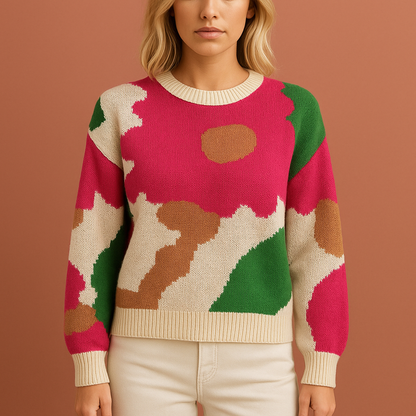 Roze damestrui met gebreid bloemenmotief, comfortabel en stijlvol voor casual en elegante outfits.