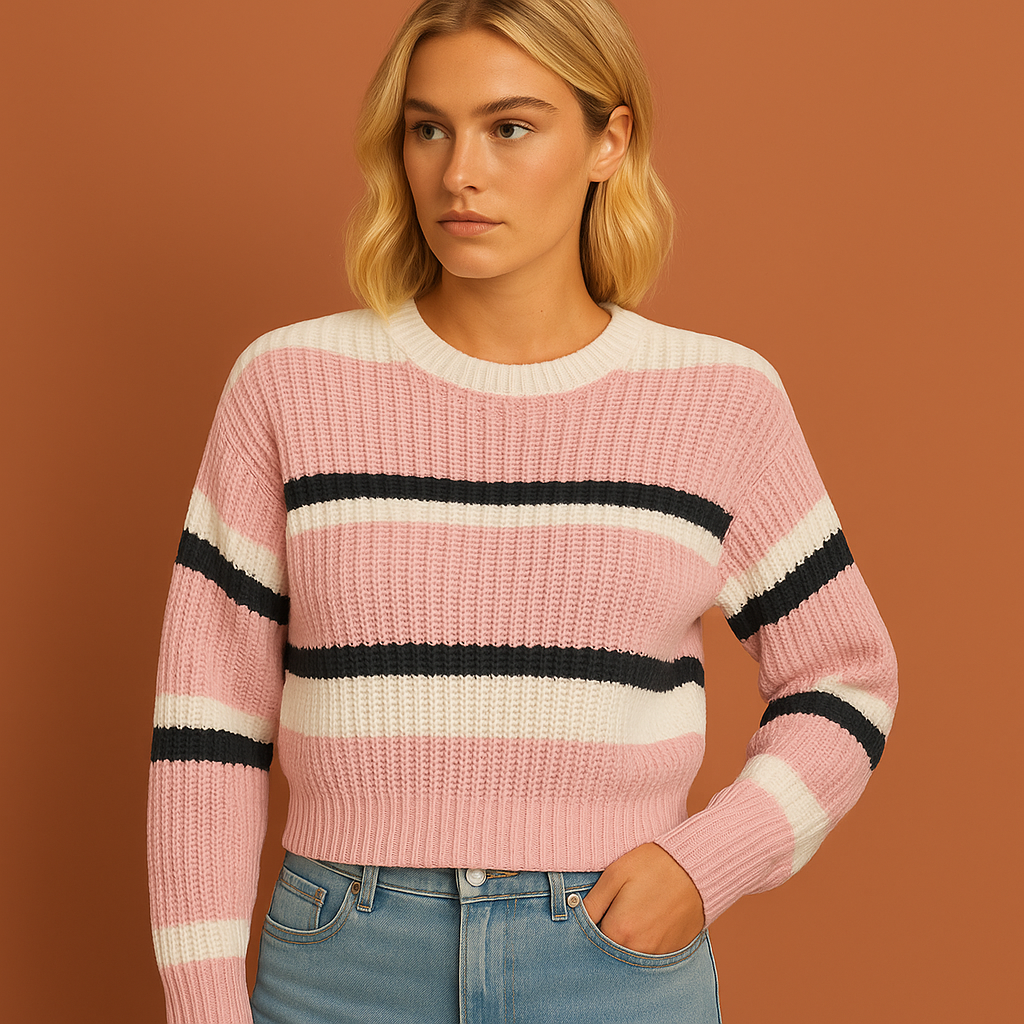 Roze gestreepte damestrui met comfortabele pasvorm, ideaal voor casual outfits en herfstlooks.